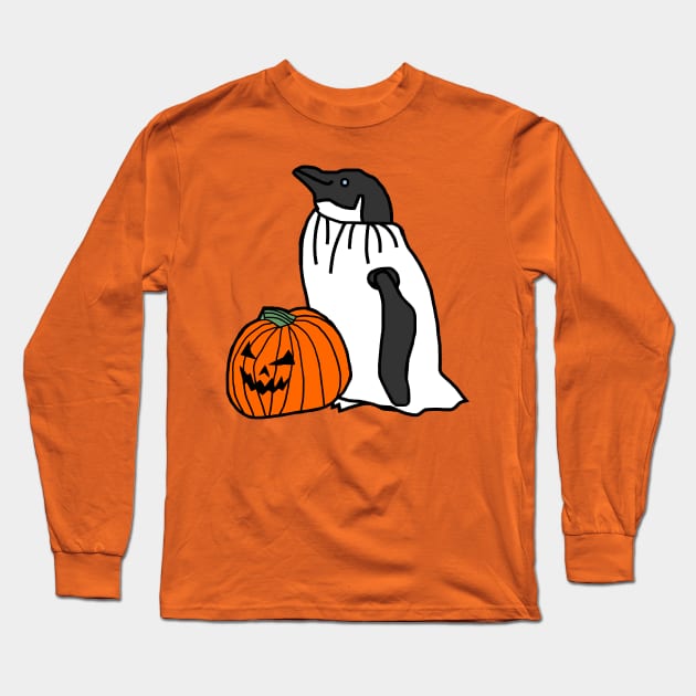 Penguin in Pumpkin Ghost Costume for Halloween Horror Long Sleeve T-Shirt by ellenhenryart